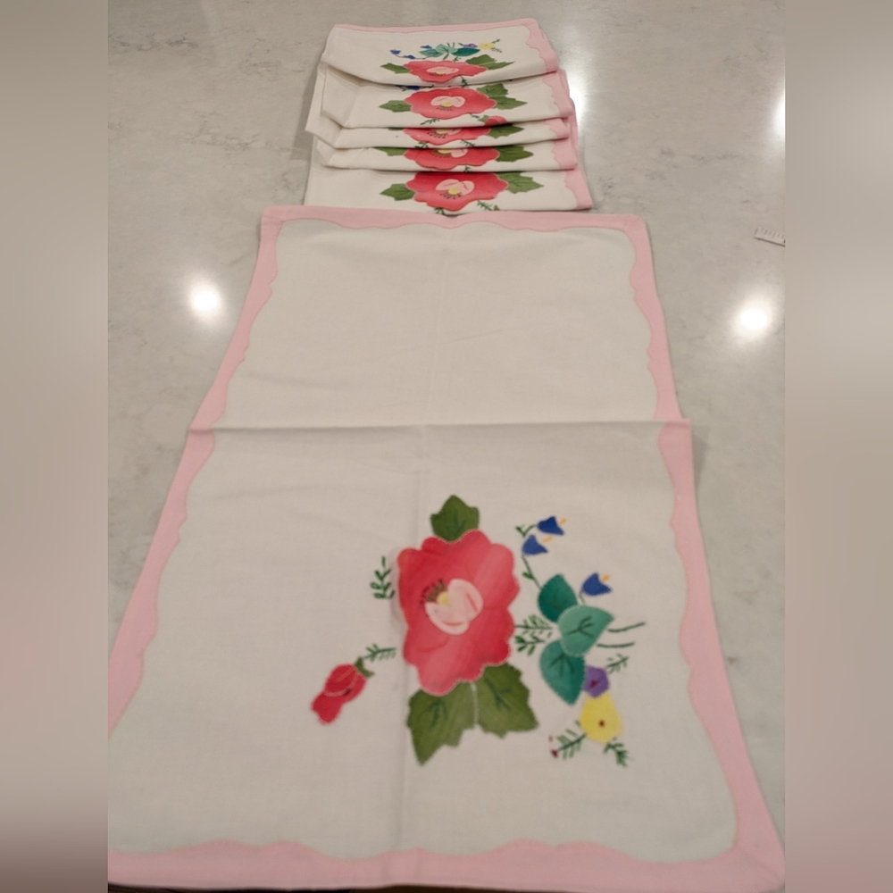 Floral Table Napkins with Pink Trim Set of 6 18" x 12"
